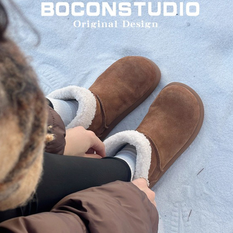 全牛皮~厚底加绒加厚雪地靴女秋冬大头圆头丑萌勃肯短靴保暖棉靴