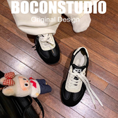 羊皮版 女 运动鞋 增高德训鞋 女系带拼色圆头百搭舒适休闲真皮板鞋