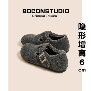 增高6cm~格雷风灰加绒勃肯鞋女2025新款冬季毛毛鞋保暖棉鞋单鞋女