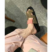 一字带半拖鞋 叁叔真皮二舅H拖鞋 女夏外穿2025新款 厚底魔术贴凉拖