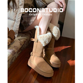 厚底保暖棉鞋 长筒毛绒雪地靴女2025新款 冬季 加绒中筒扣带高筒棉靴