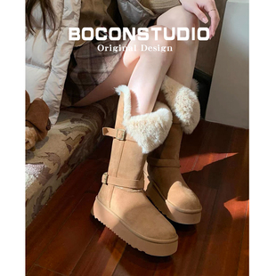 长筒毛绒雪地靴女2025新款冬季厚底保暖棉鞋加绒中筒扣带高筒棉靴
