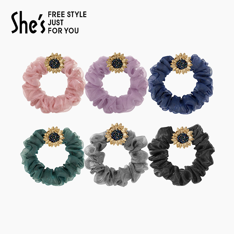shes茜子梵高向日葵原创手工钉珠矿彩水晶发圈马尾发绳盘发头饰女