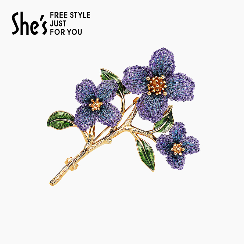 shes茜子本草纲目·勿忘草手工刺绣花朵滴油叶片轻奢胸针衣领别针