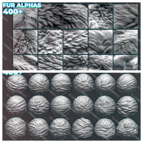 400张zbrush动物毛发头发皮毛羊毛Alpha雕刻笔刷SP毛绒高度贴图