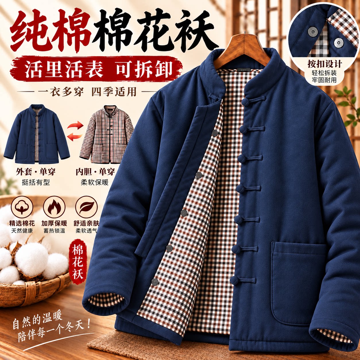 新中式唐装男装棉花立领盘扣棉衣中老年加厚保暖棉袄棉服外套冬季