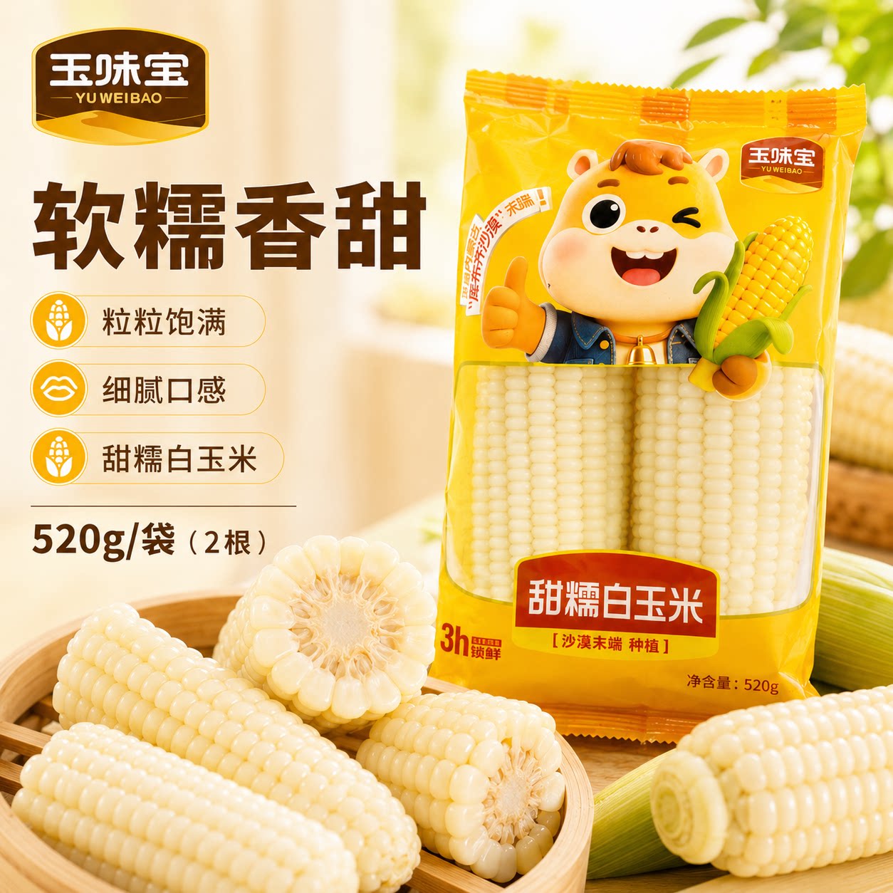 玉味宝甜糯玉米棒520g2根速冻新鲜沙漠白黏玉米棒粘苞谷点心零食