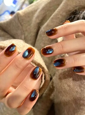 西甜纯手工穿戴甲美拉德蓝色猫眼