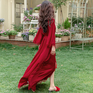 度假风吊带睡裙女夏款 蕾丝睡袍家居服 冰丝绸睡衣两件套拖尾加长款