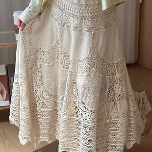 波西米亚民族风镂空勾花蕾丝半身裙女春季 抽绳系带高腰大摆伞裙