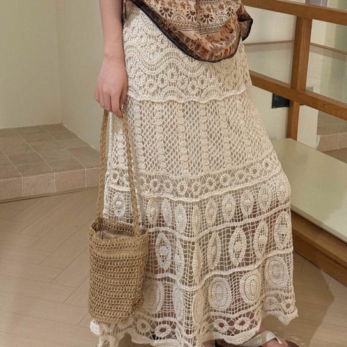 波西米亚度假风针织半身裙女夏季新款重工勾花镂空中长款裙子外穿