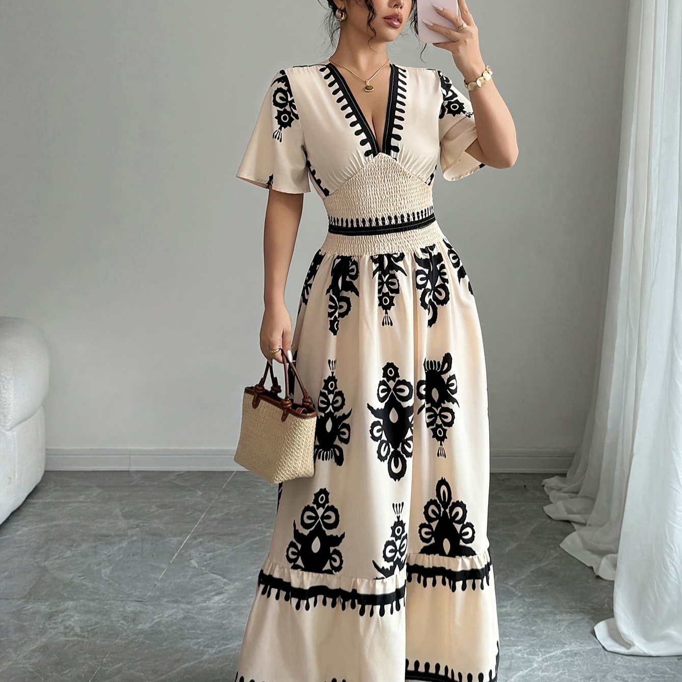 亚马逊速卖通1688独立站外贸复古印花V领打揽收腰A摆长款连衣裙潮