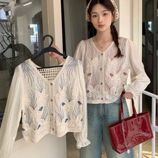 衬衫 镂空洋气雪纺衫 复古韩系刺绣蕾丝短款 气质法式 潮 蕾丝开衫