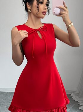 优雅风红色圆领蝴蝶结系带荷叶边修身连衣裙女夏千金风短裙