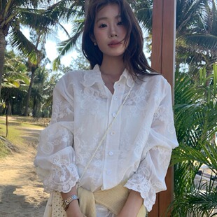 法式立体长袖白色提花衬衫女春季薄款外搭开衫宽松防晒衫上衣潮