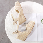 2025夏季 新款 仙女风高跟亚麻底罗马鞋 草编坡跟包头女凉鞋 渔夫鞋