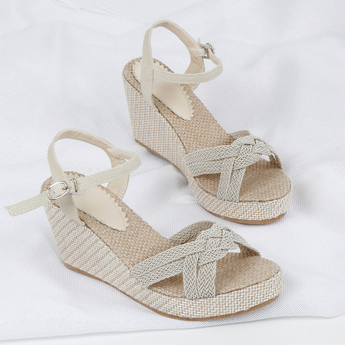 坡跟韩版亚麻编织带罗马露趾凉鞋