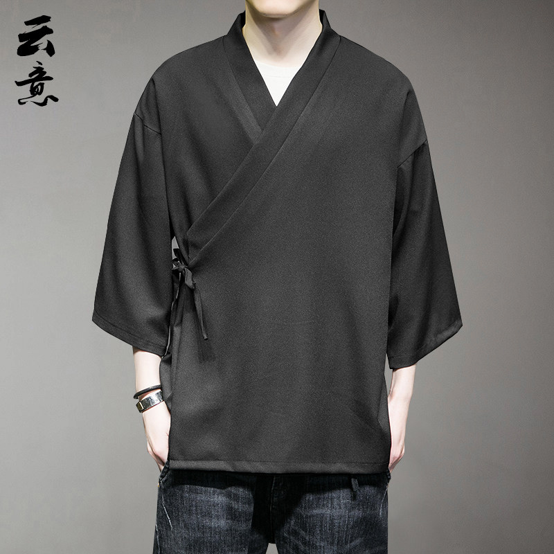 夏季中国风男款汉服 唐装复古茶服 长袖立领衬衫棉质道袍