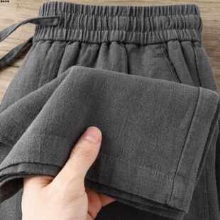 烟灰色棉麻夏季裤子透气宽松薄款棉麻男女直筒休闲裤高端筒裤长裤
