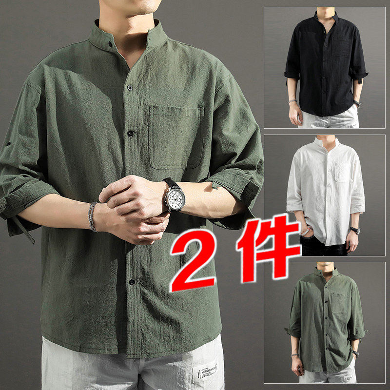 七分纯棉短袖衬衫男长袖2025夏季t恤休闲寸衣宽松大码立领男装潮