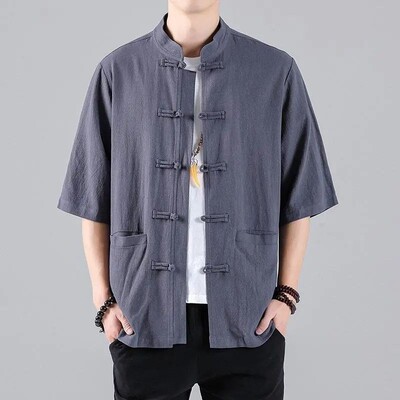 中国风夏季短袖盘扣衬衫男五分袖