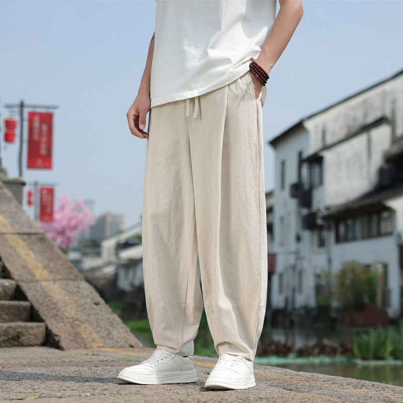 春夏中国风亚麻裤子男唐装薄款宽松大码阔腿灯笼裤棉麻哈伦休闲裤