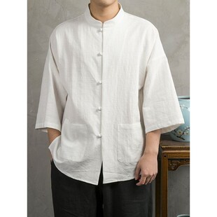 中国风薄款亚麻衬衫男短袖夏季宽松新中式立领七分袖衬衣棉麻上衣