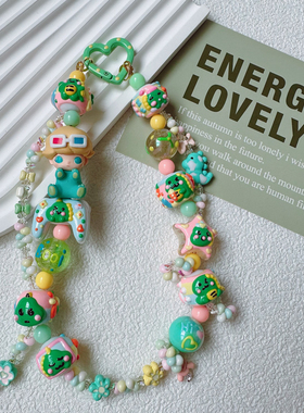 原创Dimoo萌粒恐龙重油小恐龙手绘珠手机链春日绿色奶龙包挂饰