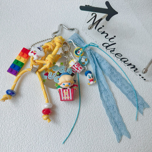 原创Dimoo叔侄儿爆米花改娃萌粒包挂饰别针唐老鸭丝带彩色积木链