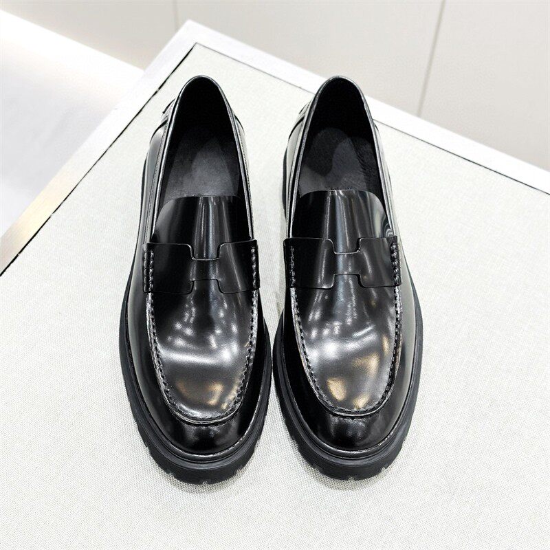 欧洲站潮牌真皮厚底增高一脚蹬乐福鞋高端金属扣商务休闲皮鞋男士