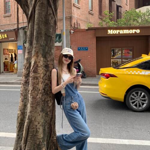 女装背带裤2026夏季新款韩系减龄宽松阔腿显瘦高腰薄款牛仔长裤