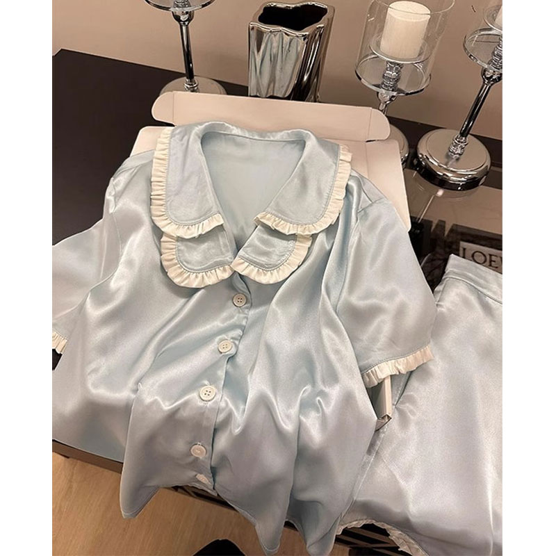 法式宫廷风缎面冰丝睡衣女夏季新款短袖短裤大码家居服套装可外穿