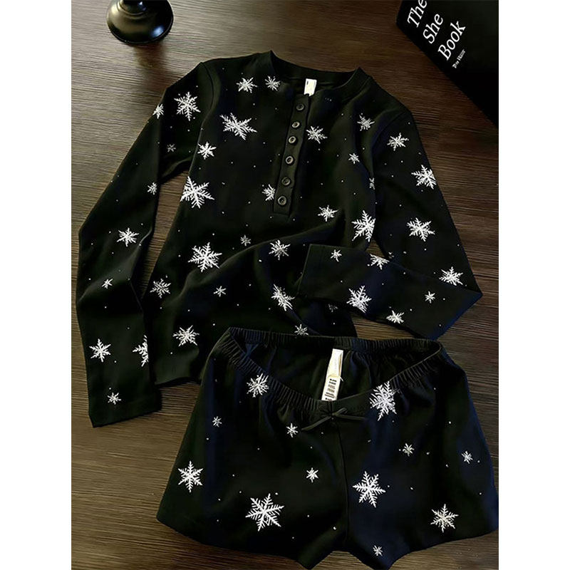 韩系简约黑色雪花睡衣女2026年春季新款大码长袖短裤家居服两件套,女士内衣/男士内衣/家居服,睡衣/家居服套装,淘宝优惠券,粉丝福利购,淘宝优惠卷