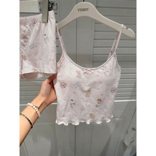 家居服套装 短裤 休闲大码 卡通可爱风印花带胸垫吊带睡衣女春夏新款