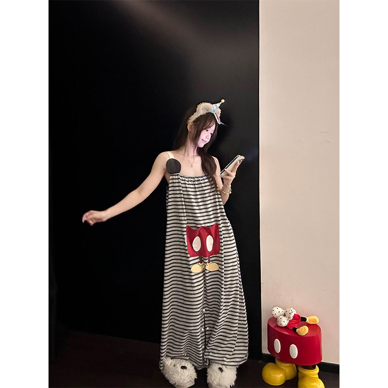 可爱慵懒米奇条纹印花吊带睡衣女春夏新款长裤连体家居服套装外穿