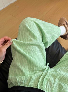 纯欲甜美小清新绿色条纹休闲睡裤女春夏季新款舒适家居服阔腿长裤