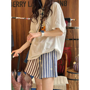 家居服套装 韩系卡通印花短袖 条纹休闲碎花短裤 新款 T恤睡衣女夏季