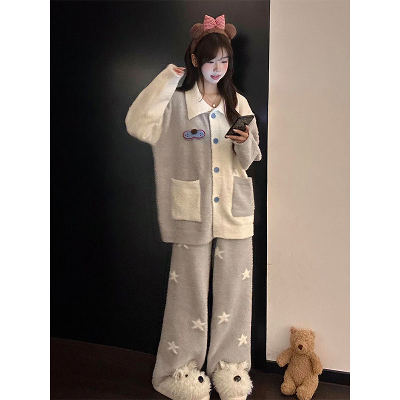 甜美可爱撞色酷喵半边绒睡衣女