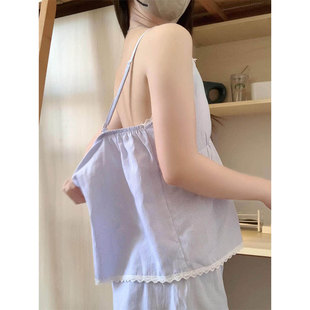 家居服套装 背心短裤 蓝色大码 温柔风蕾丝花边条纹吊带睡衣女春夏季