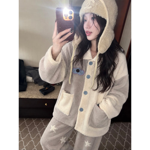 韩版星星图案拼色半边绒睡衣女
