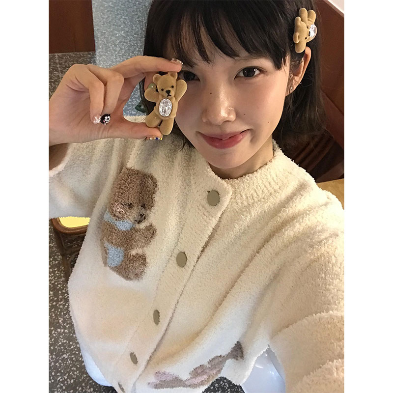 可爱小熊半边绒睡衣女秋冬季新