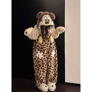 可爱米奇毛绒一体式睡衣女2025秋冬季新款家居服豹纹珊瑚绒连体衣