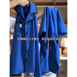韩系时尚克莱因蓝长袖德绒睡衣女款2025春秋季大码舒适家居服套装