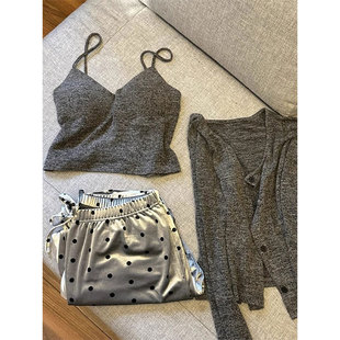 家居服套装 纯欲带胸垫性感睡衣女春夏款 少女长裤 甜美吊带开衫 新款