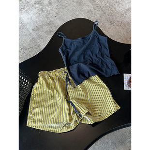 韩版纯欲慵懒风背心小吊带睡衣女2026夏季新款条纹短裤家居服套装