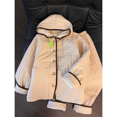 韩版简约纯色连帽夹棉睡衣女冬