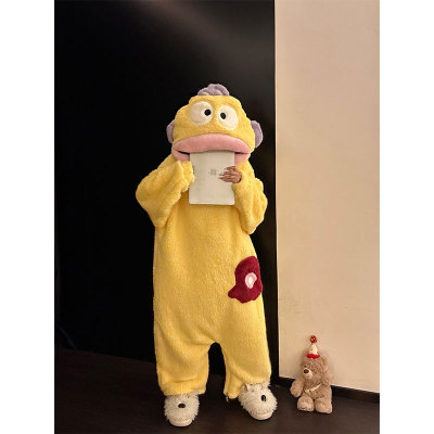 可爱卡通小丑鱼连帽珊瑚绒睡衣女
