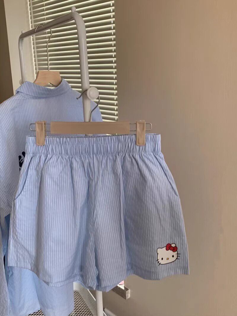 여성용 잠옷 여름 인터넷 연예인 스타일 귀여운 프린트의 긴팔 반바지 홈웨어 세트 야외에서 착용 가능