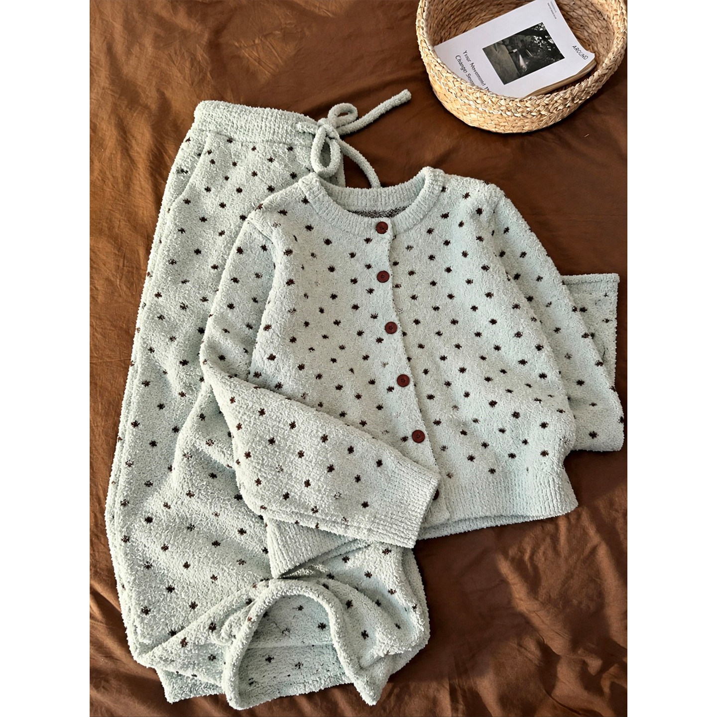 薄荷绿波点针织开衫睡衣女秋冬新款大码圆领系带家居服套装超柔软