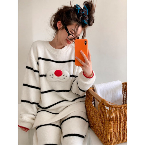可爱风半边绒睡衣女冬季新款